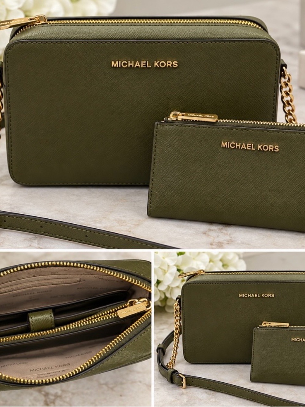 Michael Kors Olive Saffiano Leather Crossbody with Matching Billfold